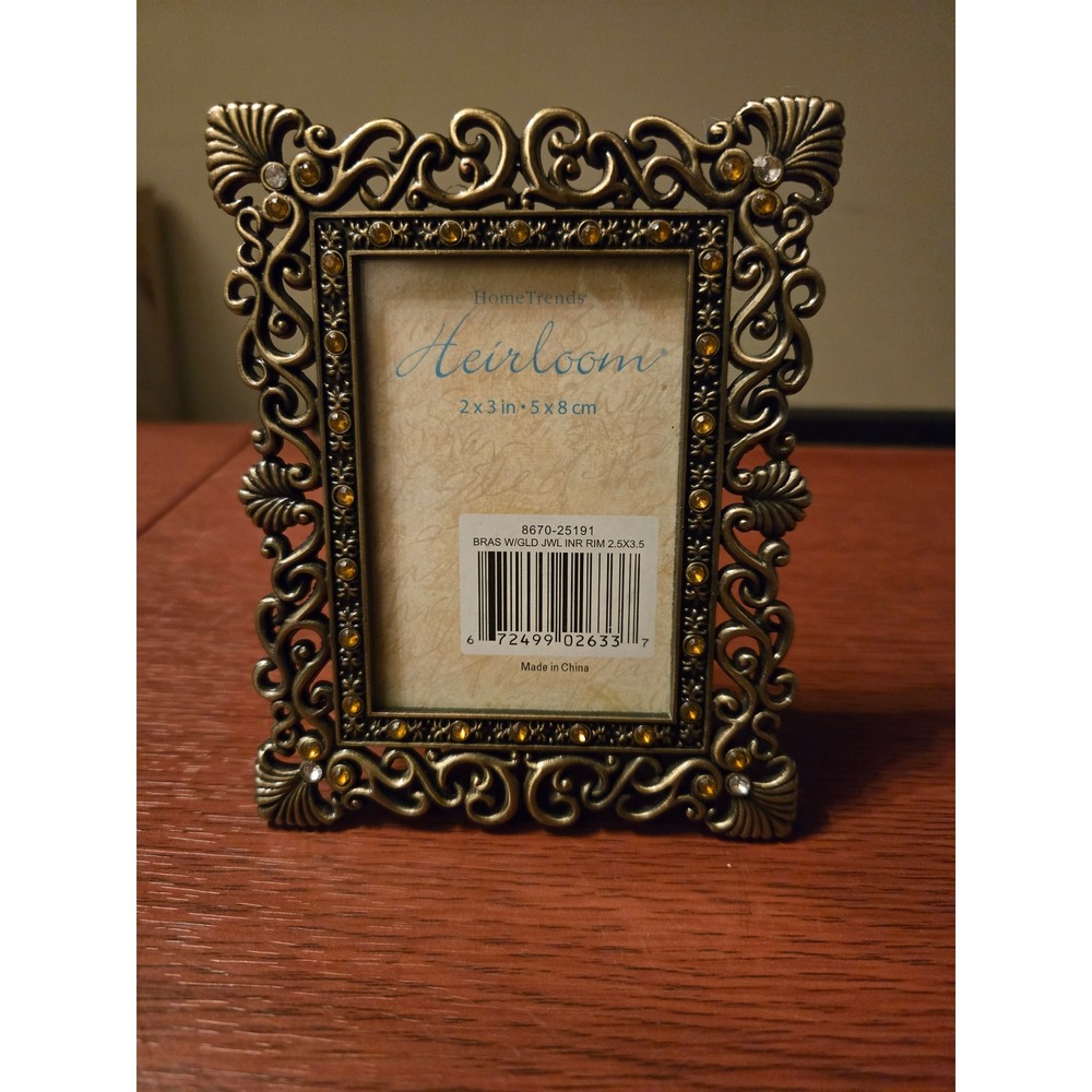 HomeTrends Heirloom Brass Jeweled Picture Frame 2x3 Ornate Victorian Scroll 8670